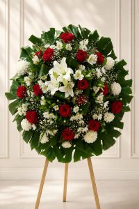 Corona fúnebre premium artesanal con rosas rojas, lirios blancos, flores frescas y follaje natural, elaborada para entrega en funerarias de Guadalajara.