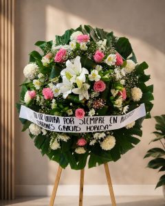 Corona floral premium con rosas rosadas, lirios blancos, flores frescas y follaje natural para funeral y entrega en funerarias de Guadalajara.